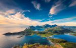 Panorama of the Lofoten Islands from Offersoy trail at sunset, Norway